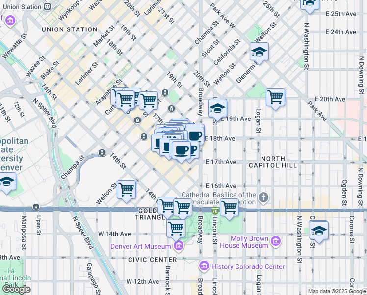 map of restaurants, bars, coffee shops, grocery stores, and more near 1600 Glenarm Place in Denver