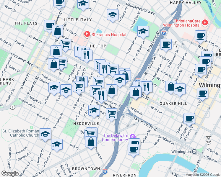 map of restaurants, bars, coffee shops, grocery stores, and more near 217 North Harrison Street in Wilmington