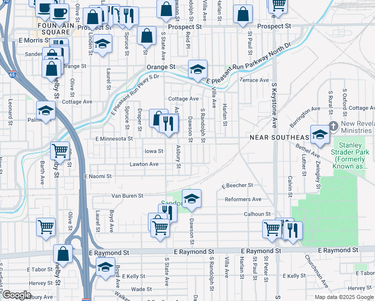 map of restaurants, bars, coffee shops, grocery stores, and more near 1740 Dawson Street in Indianapolis