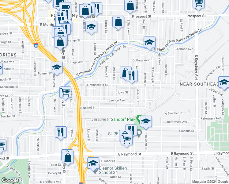 map of restaurants, bars, coffee shops, grocery stores, and more near 1732 Draper Street in Indianapolis