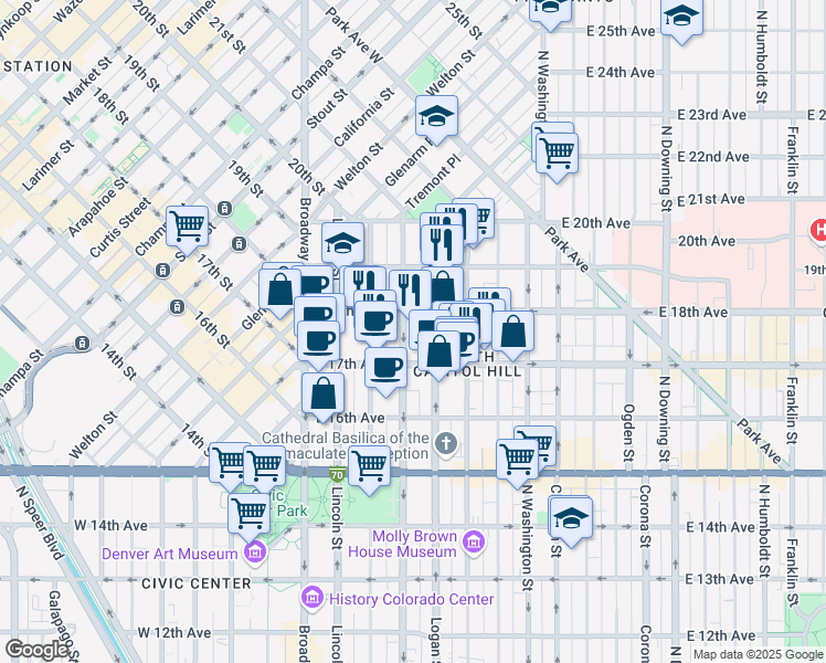 map of restaurants, bars, coffee shops, grocery stores, and more near 1780 Grant Street in Denver