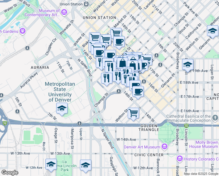 map of restaurants, bars, coffee shops, grocery stores, and more near 1349 Champa Street in Denver
