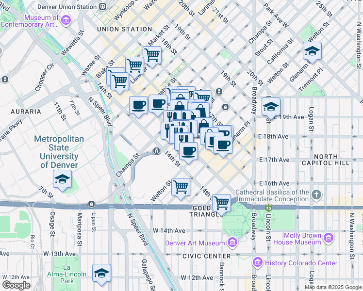 map of restaurants, bars, coffee shops, grocery stores, and more near 1475 California Street in Denver