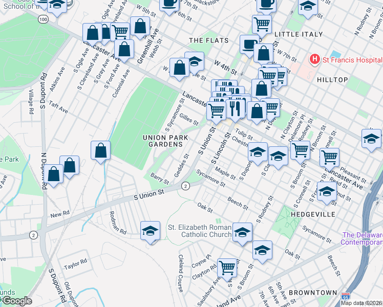 map of restaurants, bars, coffee shops, grocery stores, and more near 432 Geddes Street in Wilmington