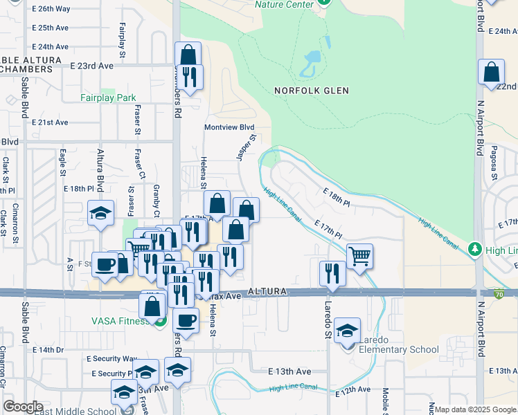 map of restaurants, bars, coffee shops, grocery stores, and more near 1700 Jasper Street in Aurora