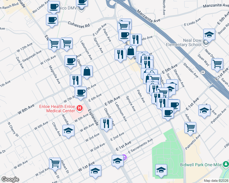 map of restaurants, bars, coffee shops, grocery stores, and more near 1544 Laburnum Avenue in Chico