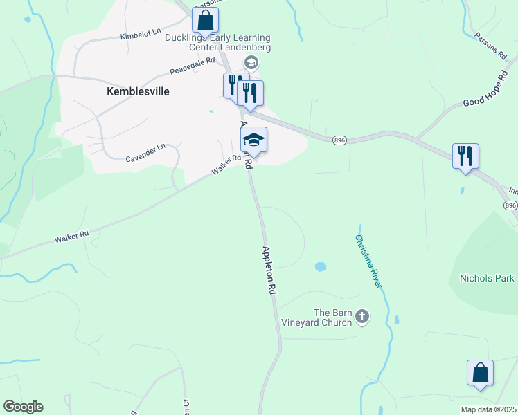 map of restaurants, bars, coffee shops, grocery stores, and more near 187 Meadow Wood Lane in Landenberg