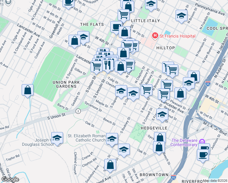 map of restaurants, bars, coffee shops, grocery stores, and more near 1703 Elm Street in Wilmington