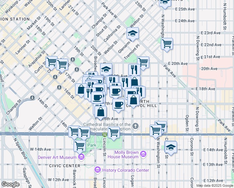 map of restaurants, bars, coffee shops, grocery stores, and more near 1770 Sherman Street in Denver