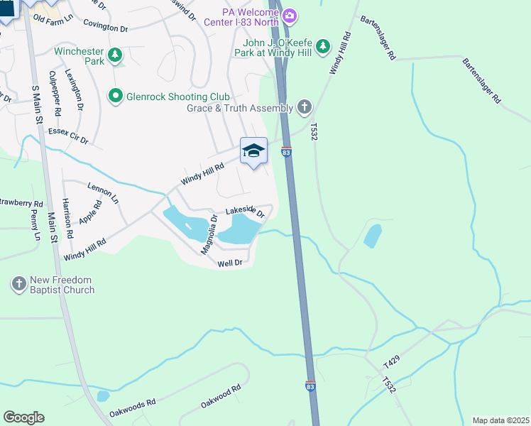 map of restaurants, bars, coffee shops, grocery stores, and more near 557 Lakeside Drive in New Freedom
