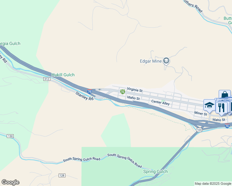 map of restaurants, bars, coffee shops, grocery stores, and more near 25 Colorado Boulevard in Idaho Springs