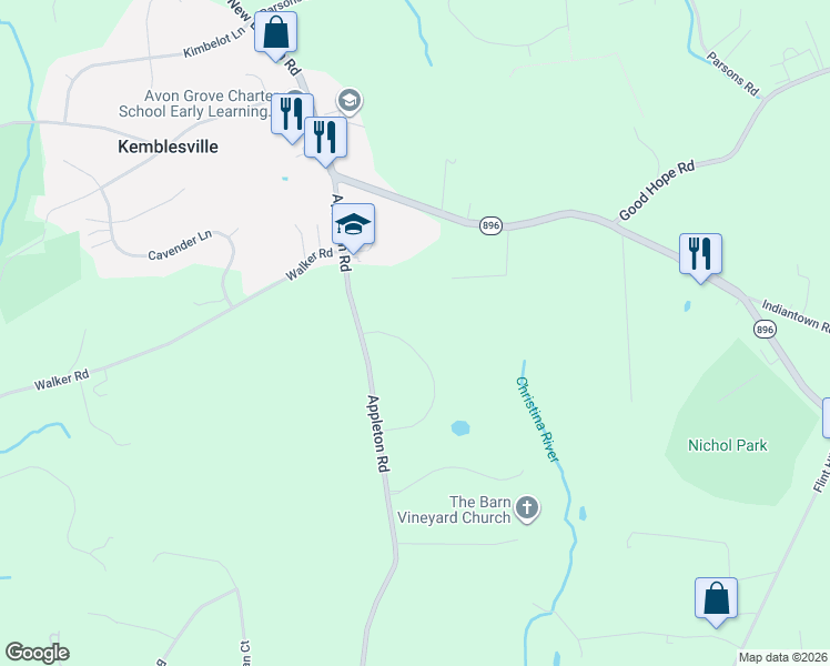 map of restaurants, bars, coffee shops, grocery stores, and more near 13 Meadow Wood Lane in Landenberg