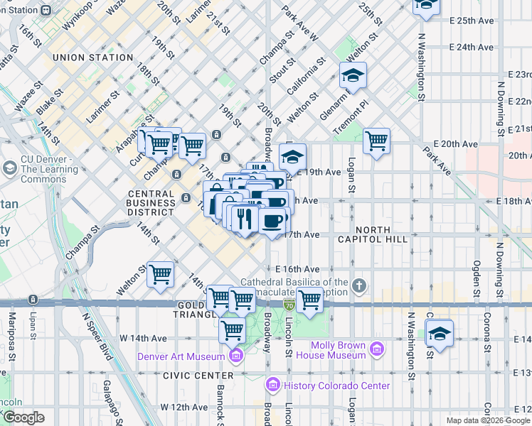map of restaurants, bars, coffee shops, grocery stores, and more near in Denver