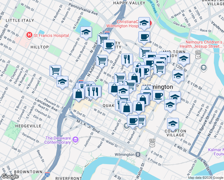 map of restaurants, bars, coffee shops, grocery stores, and more near 606 North Jefferson Street in Wilmington