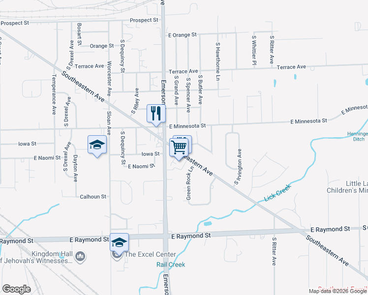 map of restaurants, bars, coffee shops, grocery stores, and more near 5234 Southeastern Avenue in Indianapolis