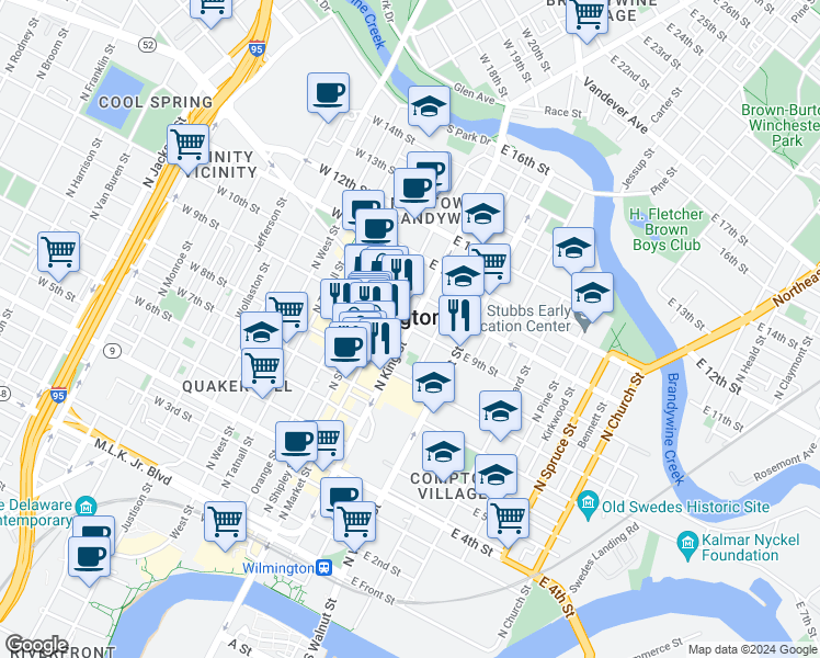 map of restaurants, bars, coffee shops, grocery stores, and more near North King Street in Wilmington