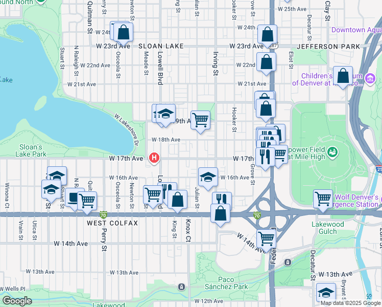 map of restaurants, bars, coffee shops, grocery stores, and more near 3398 West 17th Avenue in Denver