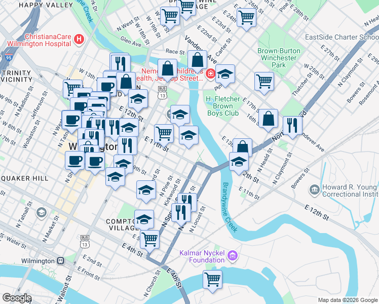 map of restaurants, bars, coffee shops, grocery stores, and more near 1100 North Pine Street in Wilmington