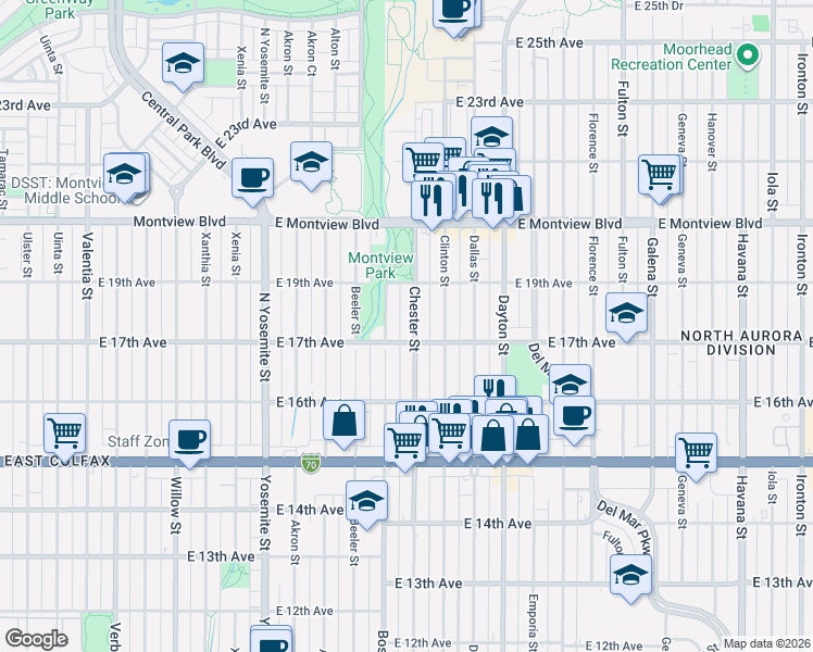map of restaurants, bars, coffee shops, grocery stores, and more near in Aurora