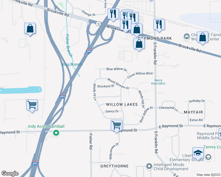 map of restaurants, bars, coffee shops, grocery stores, and more near 7627 Stockard Street in Indianapolis