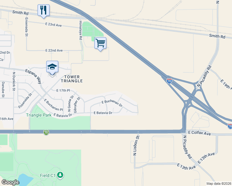 map of restaurants, bars, coffee shops, grocery stores, and more near 20540 East Coolidge Place in Aurora