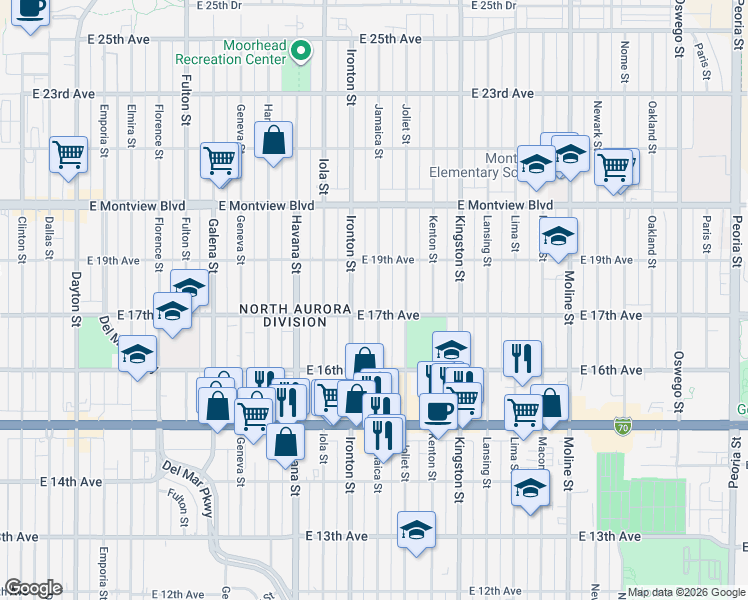 map of restaurants, bars, coffee shops, grocery stores, and more near 1702 Jamaica Street in Aurora
