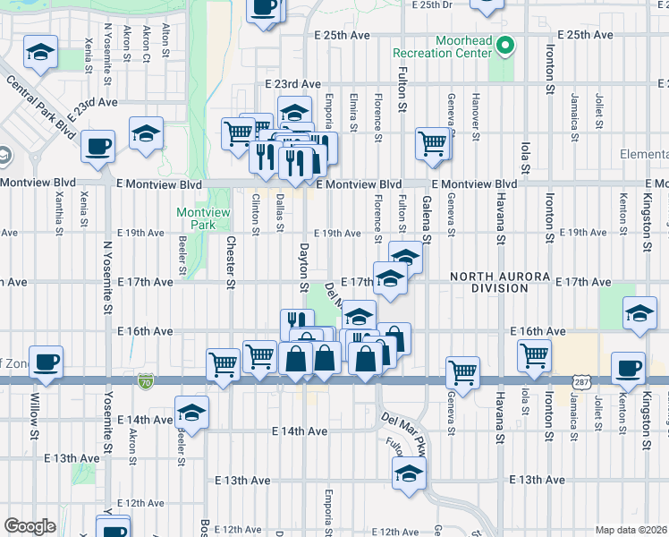 map of restaurants, bars, coffee shops, grocery stores, and more near 1710 Del Mar Parkway in Aurora