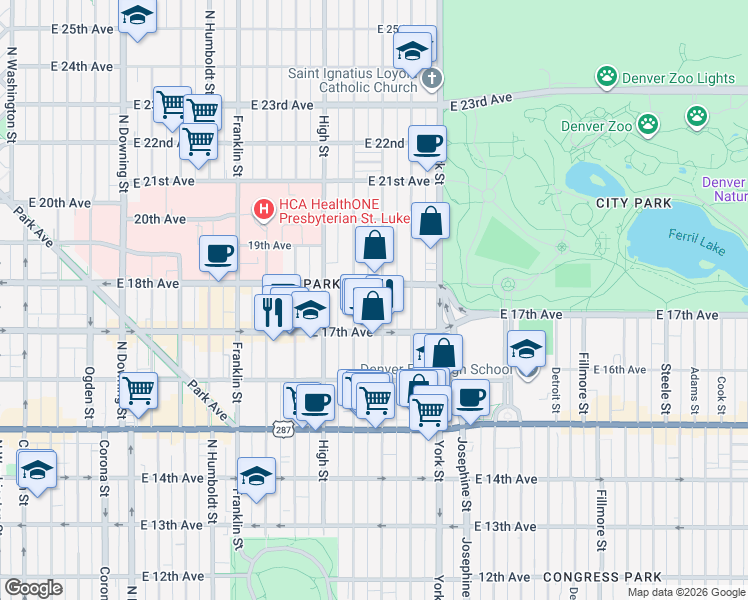 map of restaurants, bars, coffee shops, grocery stores, and more near 1743 Vine Street in Denver