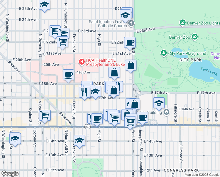 map of restaurants, bars, coffee shops, grocery stores, and more near 1743 Vine Street in Denver