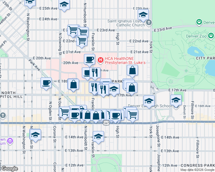 map of restaurants, bars, coffee shops, grocery stores, and more near 1732 Gilpin Street in Denver