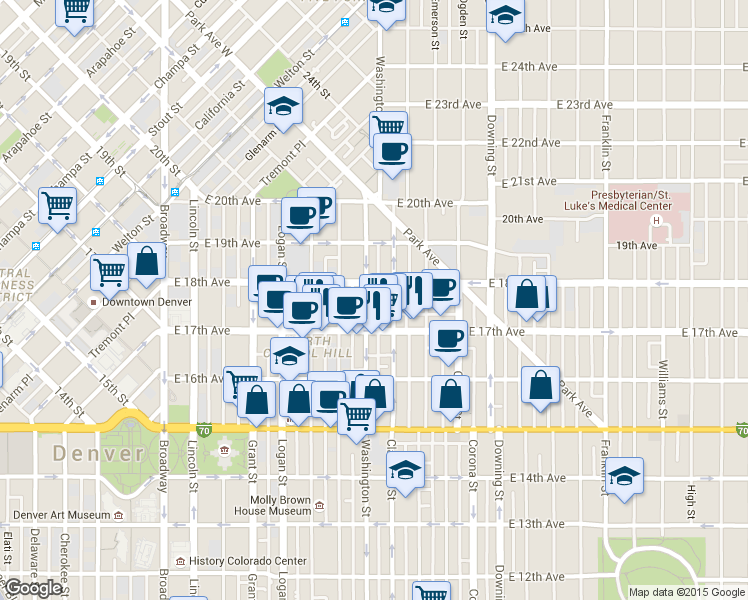 map of restaurants, bars, coffee shops, grocery stores, and more near 1747 North Washington Street in Denver