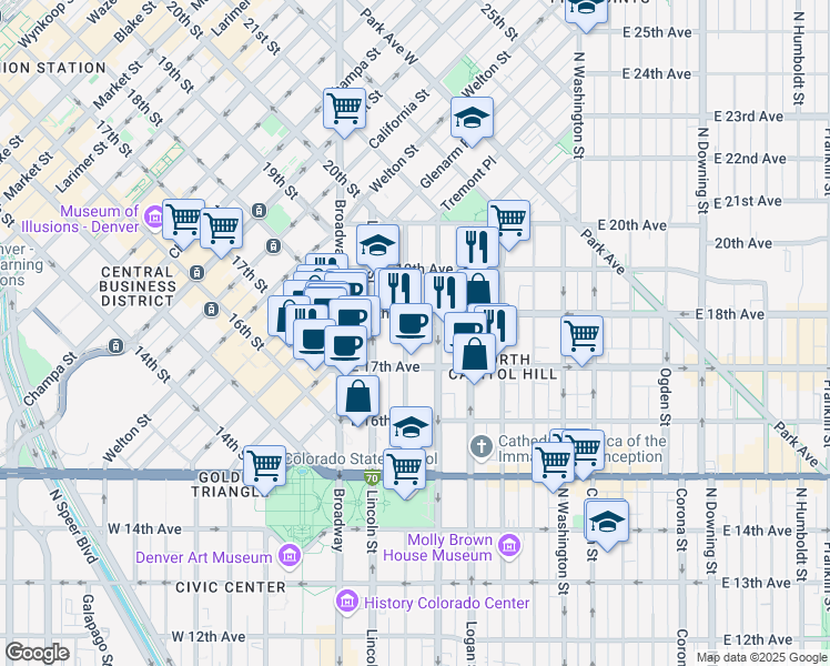 map of restaurants, bars, coffee shops, grocery stores, and more near 1745 Sherman Street in Denver
