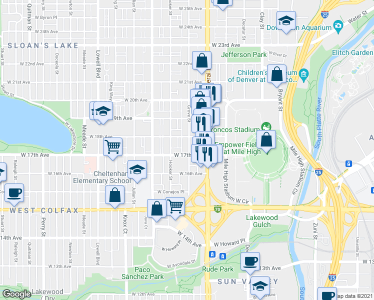 map of restaurants, bars, coffee shops, grocery stores, and more near 1701 Grove Street in Denver