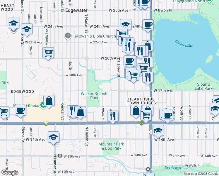 map of restaurants, bars, coffee shops, grocery stores, and more near 1702 Fenton Street in Lakewood