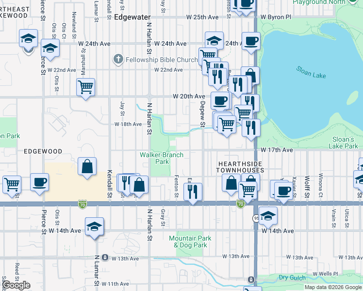 map of restaurants, bars, coffee shops, grocery stores, and more near 1702 Fenton Street in Lakewood