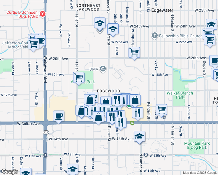 map of restaurants, bars, coffee shops, grocery stores, and more near in Lakewood