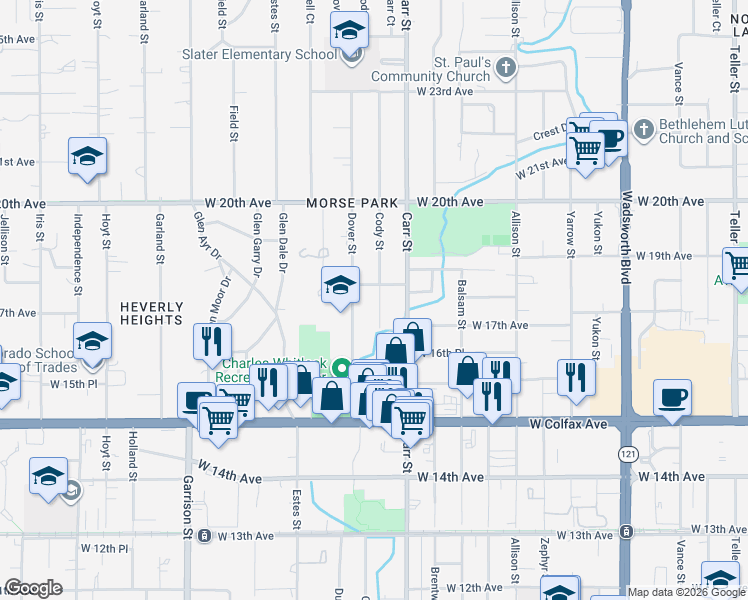 map of restaurants, bars, coffee shops, grocery stores, and more near 1700 Cody Street in Lakewood
