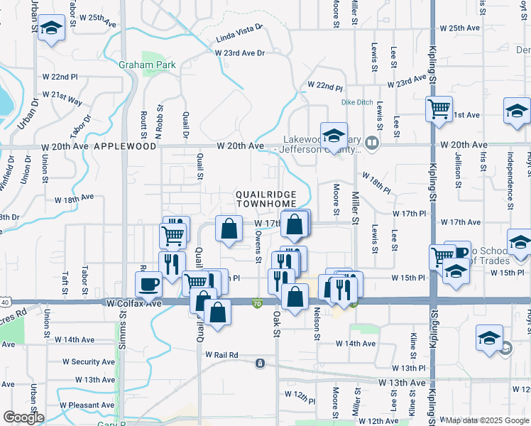 map of restaurants, bars, coffee shops, grocery stores, and more near 11151 West 17th Avenue in Lakewood