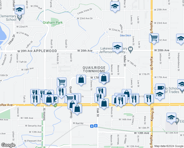 map of restaurants, bars, coffee shops, grocery stores, and more near 11151 West 17th Avenue in Lakewood