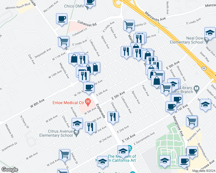 map of restaurants, bars, coffee shops, grocery stores, and more near 1601 Oleander Avenue in Chico