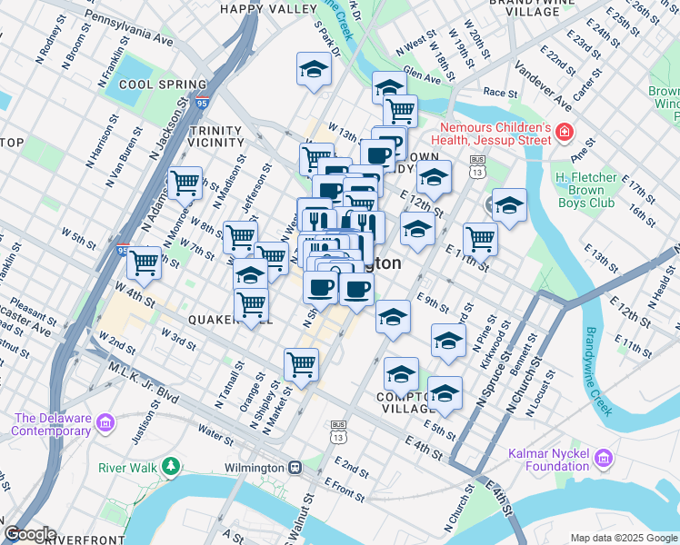 map of restaurants, bars, coffee shops, grocery stores, and more near in Wilmington