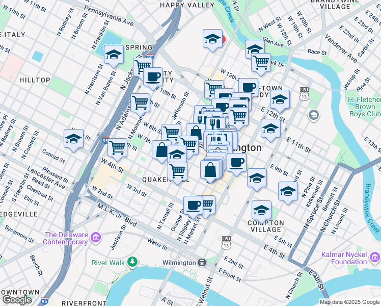 map of restaurants, bars, coffee shops, grocery stores, and more near 703 North Tatnall Street in Wilmington