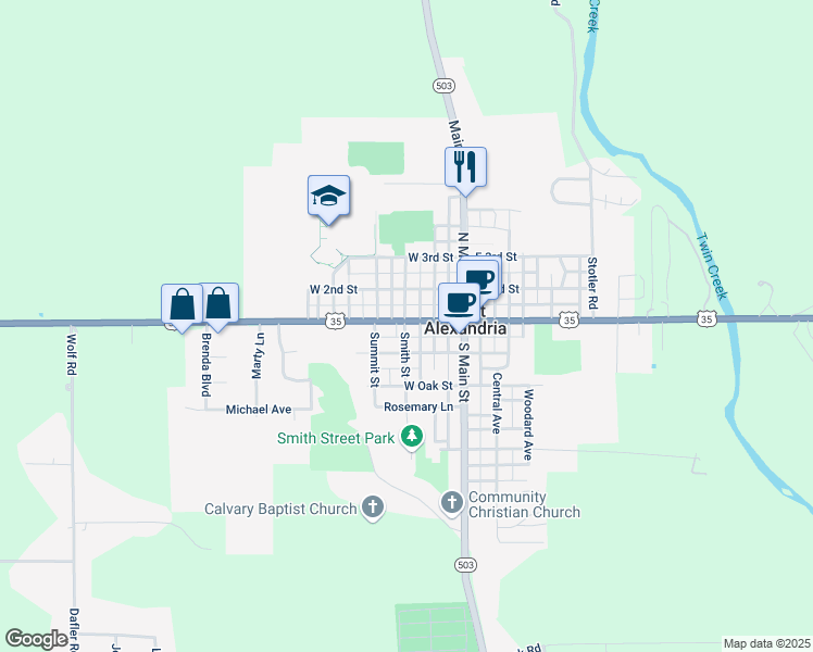 map of restaurants, bars, coffee shops, grocery stores, and more near 32 U.S. 35 in West Alexandria