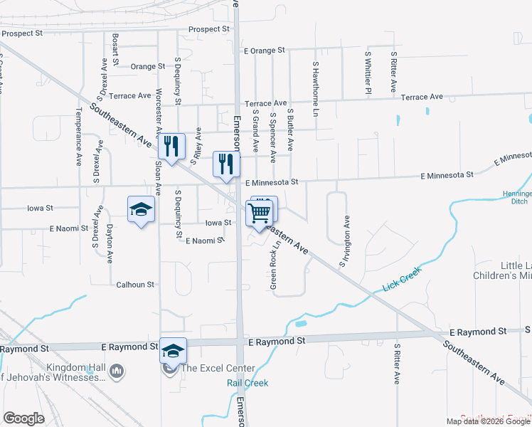 map of restaurants, bars, coffee shops, grocery stores, and more near 5234 Southeastern Avenue in Indianapolis