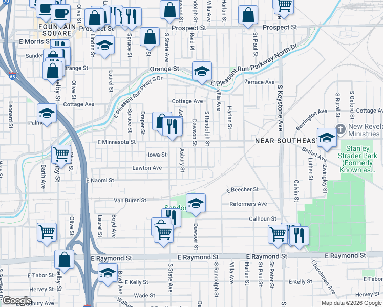 map of restaurants, bars, coffee shops, grocery stores, and more near 1740 Dawson Street in Indianapolis