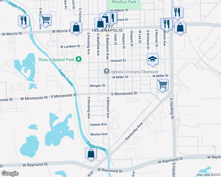 map of restaurants, bars, coffee shops, grocery stores, and more near 2016 West Minnesota Street in Indianapolis