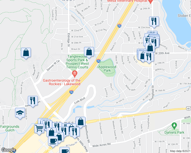 map of restaurants, bars, coffee shops, grocery stores, and more near 1617 Cole Boulevard in Lakewood