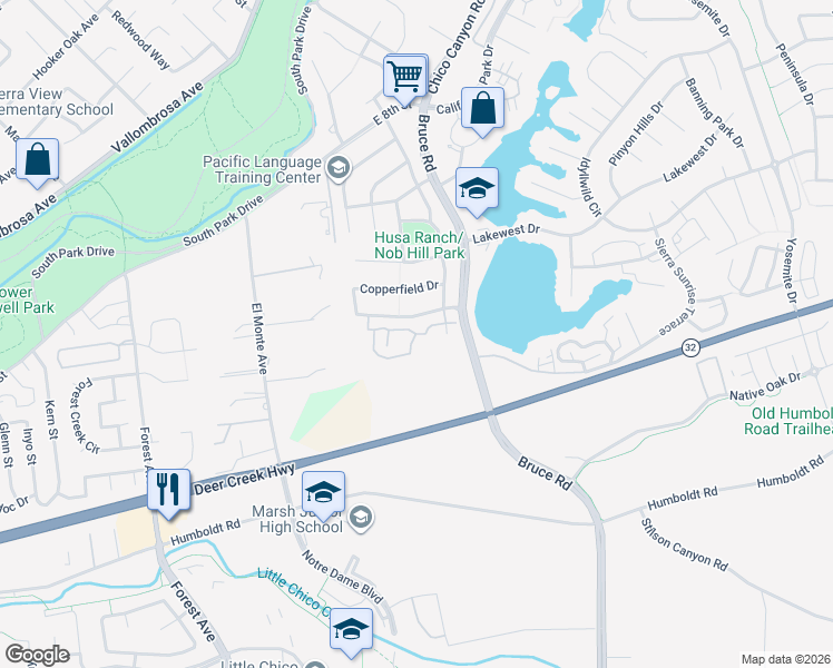 map of restaurants, bars, coffee shops, grocery stores, and more near 100 Sterling Oaks Drive in Chico
