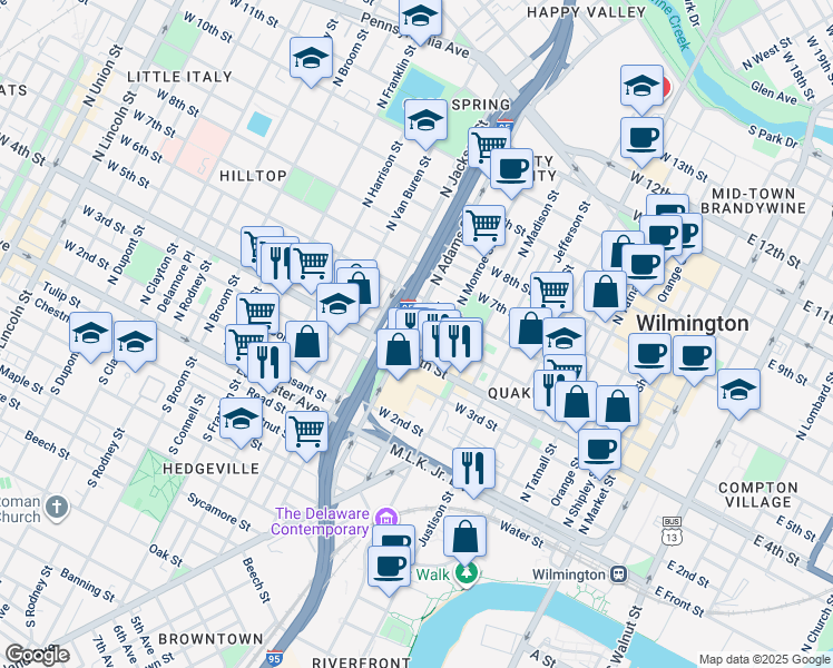 map of restaurants, bars, coffee shops, grocery stores, and more near 832 West 5th Street in Wilmington