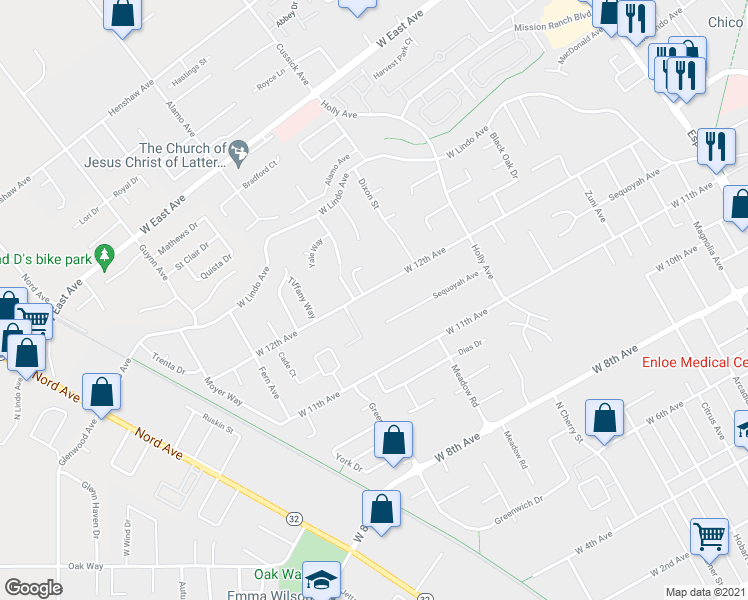map of restaurants, bars, coffee shops, grocery stores, and more near 939 West 12th Avenue in Chico